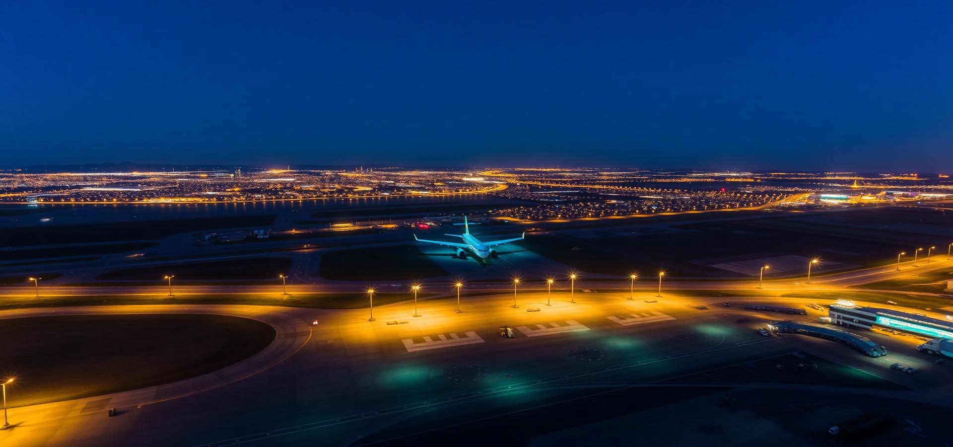 Aerial view of an international airport and city lights at night
