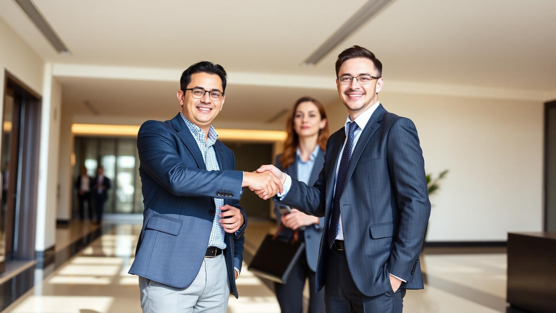 Business professionals shaking hands in a corporate lobby